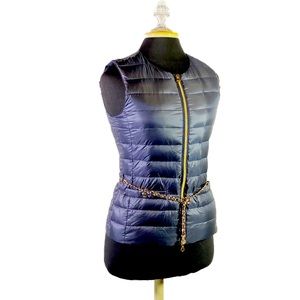 Peserico Italian Navy Blue & Gold Chain Belt Packable Down Puffer Vest